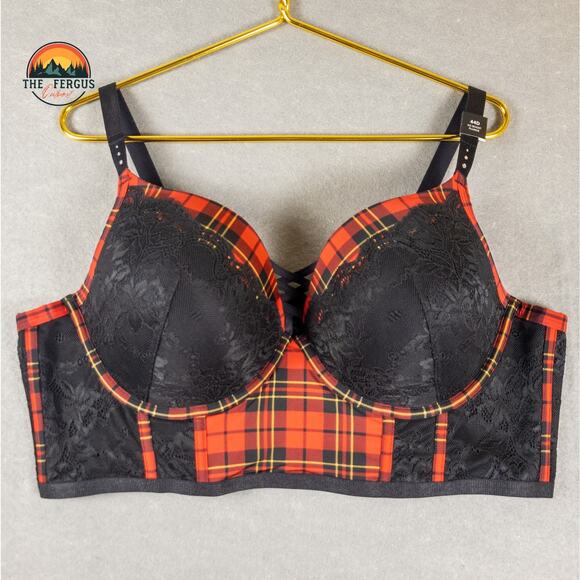 NWT Torrid XO Boost Plunge Push-Up Bra Red Black Plaid Underwire Sexy Size 44D